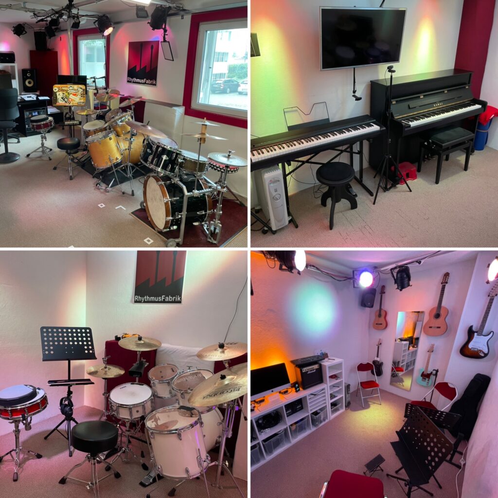 Auf diesem Foto sind mehrere Räume der Musikschule RhythmusFabrik in Bergisch Gladbach zu sehen. Sie zeigen viele verschiedene Instrumente, so z.B. akustische Schlagzeuge, Klavier, E-Piano, E-Gitarren und akustische Gitarren.