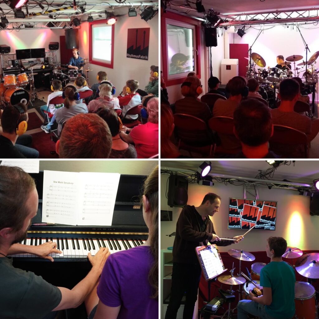 Es sind verschiedene Bilder einer Collage zu sehen. Unterrichtsszenen und Vorspielkonzerte in der Musikschule RhythmusFabrik in Bergisch Gladbach.