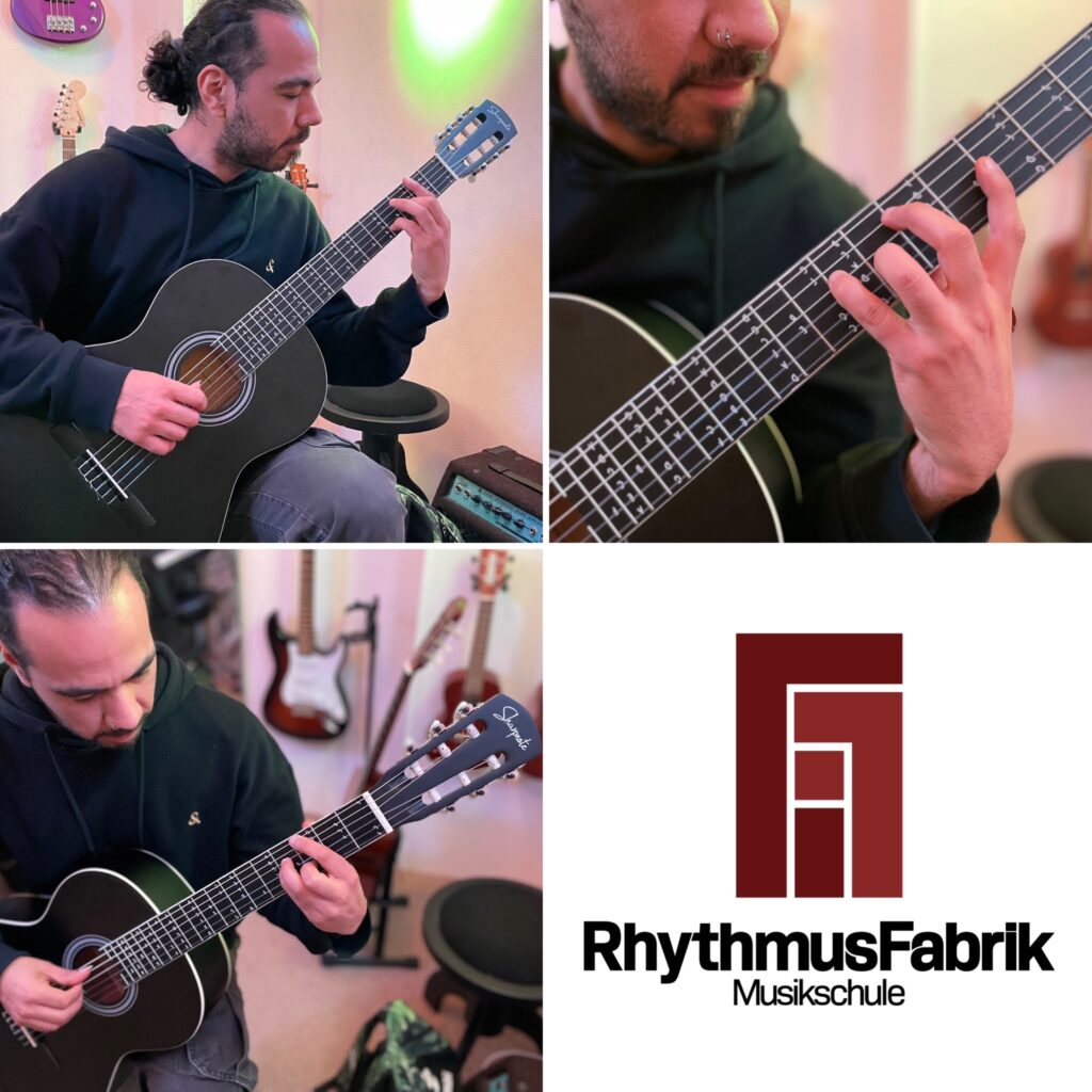 Der Gitarrenlehrer auf diesem Bild unterrichtet in der Musikschule in Bergisch Gladbach, das in der Nähe von Köln Dellbrück und Leverkusen liegt.